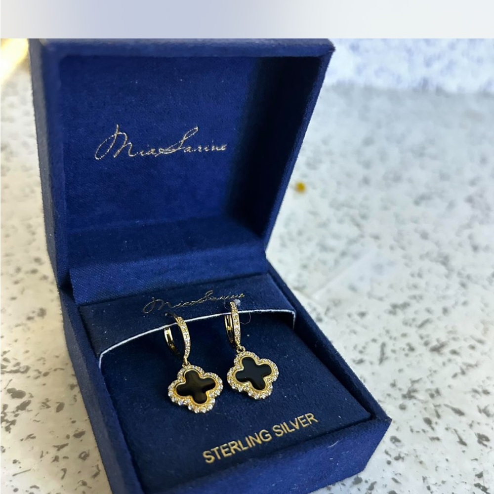 Clover Shaped Sterling Silver Earrings with Black Accents